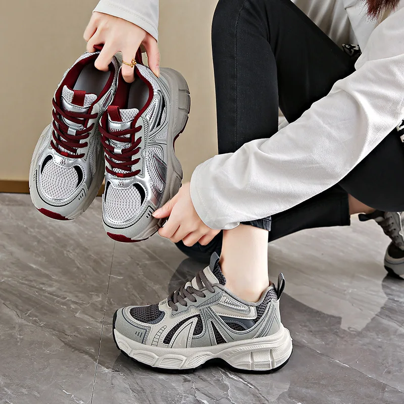 2026 Chunky Sneakers Women Mesh Leather Platform Shoes Mixed Colors Lace-Up Lady Trendy Trainers Thick Sole Handmade