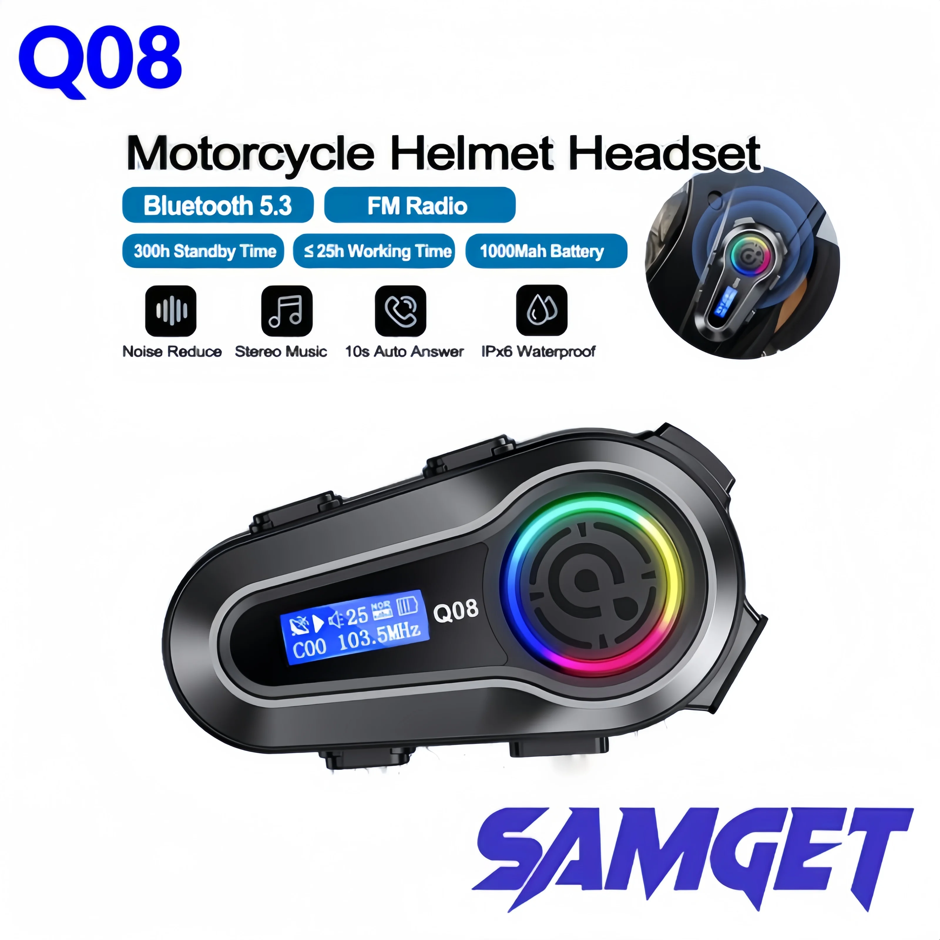 

Q08 Motorcycle Helmet Bluetooth Headset EQ Sound Effect HD LCD Display IPX6 Waterproof Stereo FM Radio Stable Signal Headphone