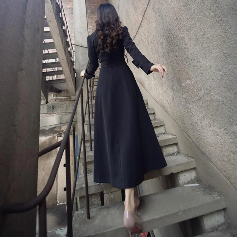 Women's Korean Slim Belt Black Formal Trench Coat, Leisure Long Windbreaker, Female Outwear, Spring, Autumn, New, 2023