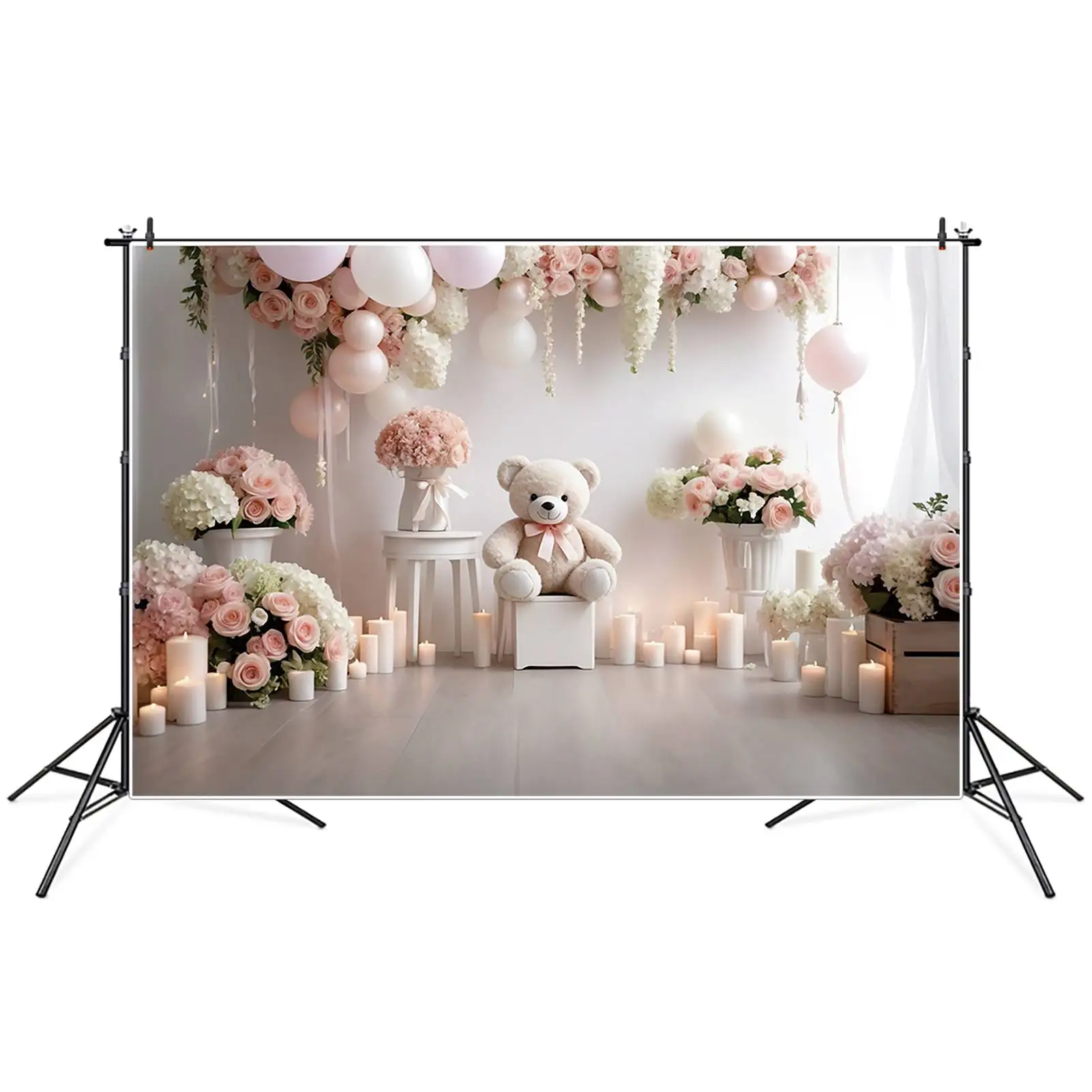 MOON.QG 꽃 풍선 생일 배경 어린이 테디 베어 꽃 화환 배경, 맞춤형 파티 포토콜 소품, 1 년