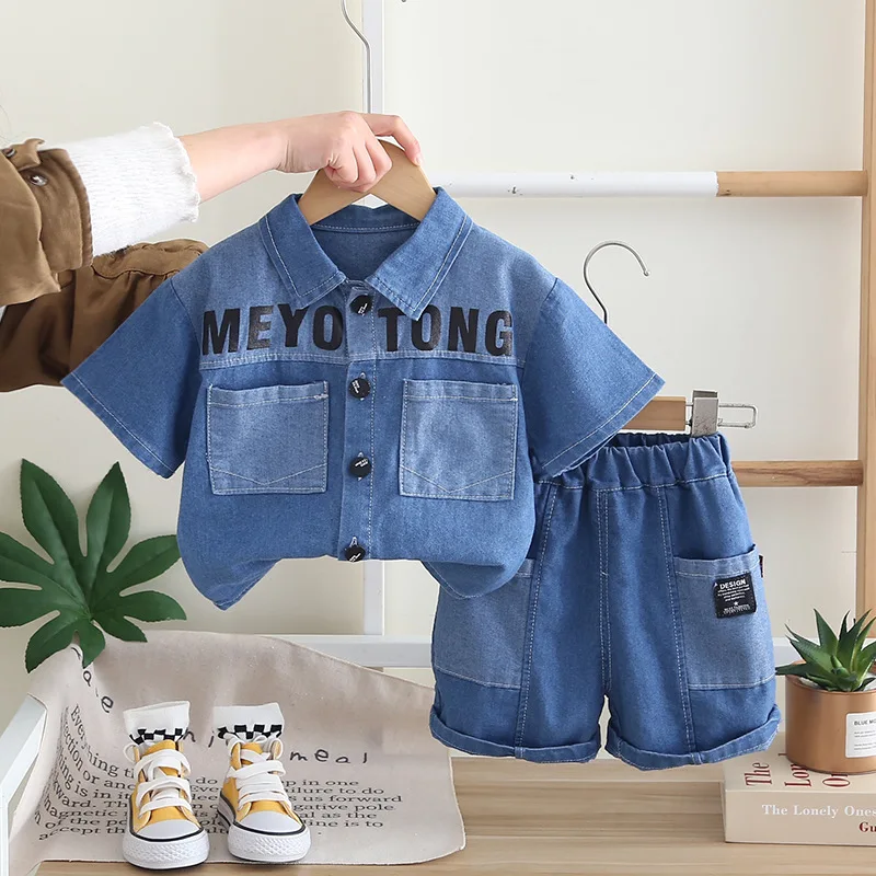 

Summer Toddler Boy Clothing Korean Toddler Fashion Casual Letter Denim Short Sleeve Baby Tops+Shorts Kids Boutique Clothes