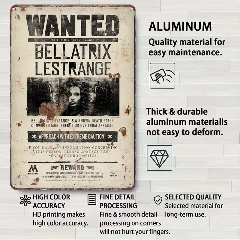 Wanted Bellatrix Lestrange Funny Rusty Tinplate Sign House Decor Metal Sign for Outdoor Fence Decoration Metal Wall Art Mural