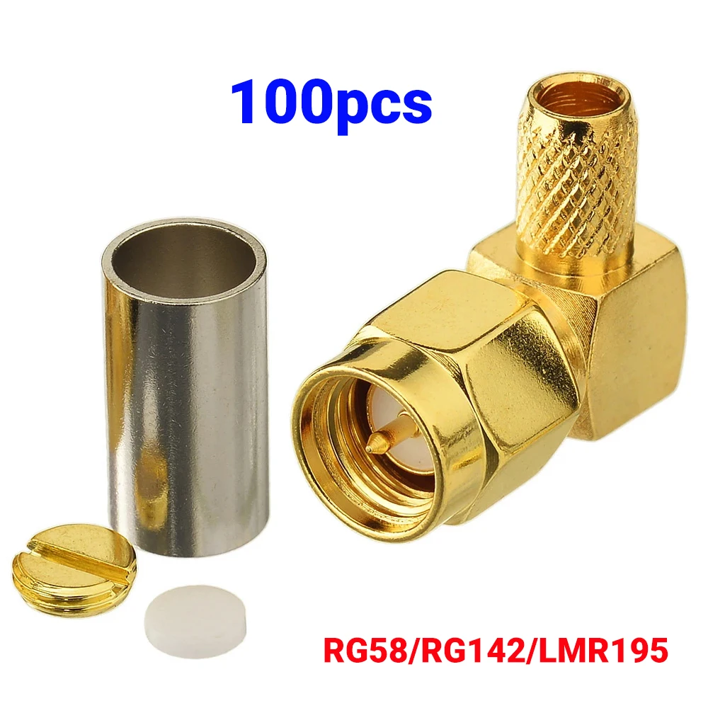 100pcs SMA Male Right Angle Crimp RF Coax Connector for RG58 RG142 LMR195 RG400 RG223 Cable 90 Degree Plug