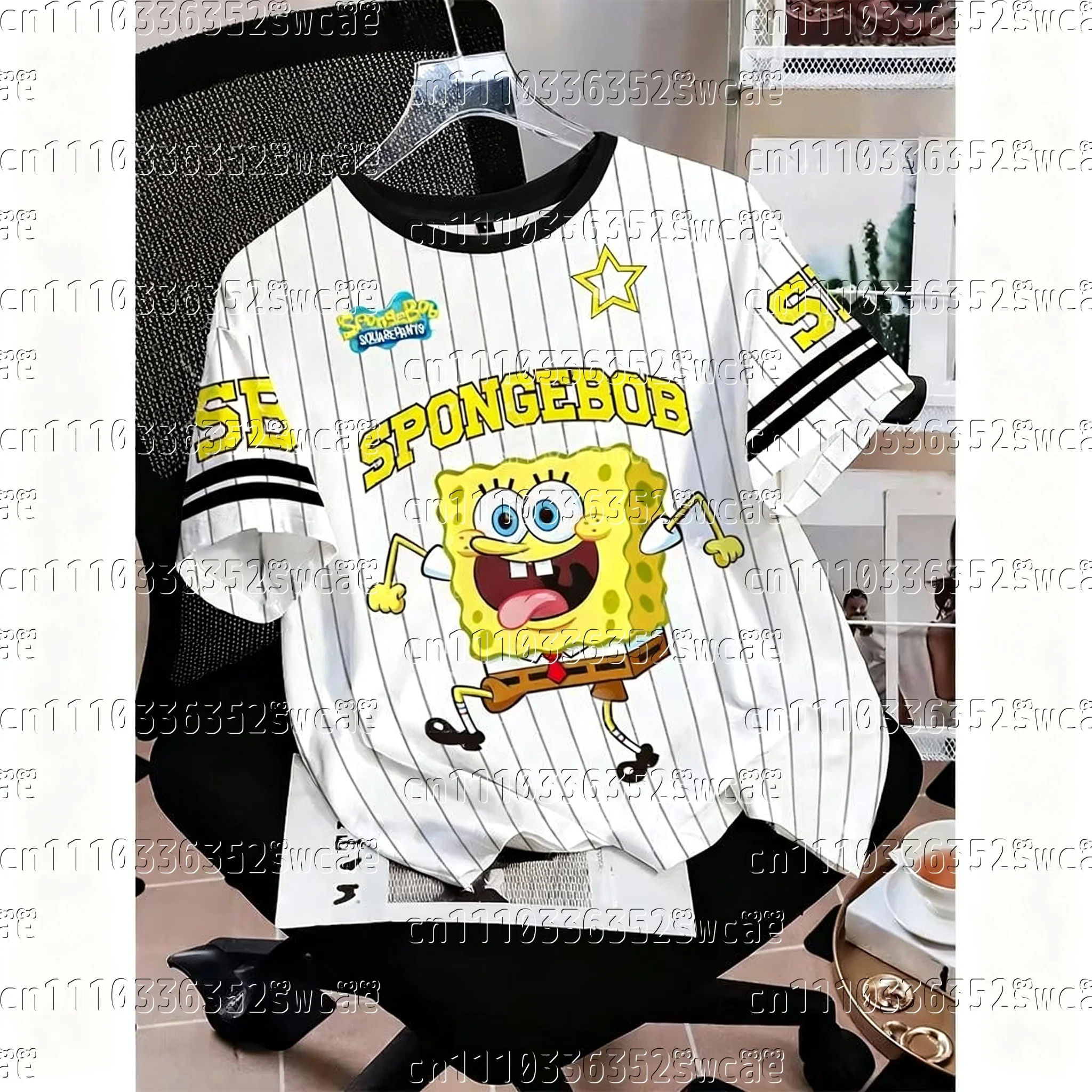 Potdemiel Brand Classic Animation SpongeBob SquarePants American Street Jersey Summer T-shirt, Extra Large Size, Family Matching