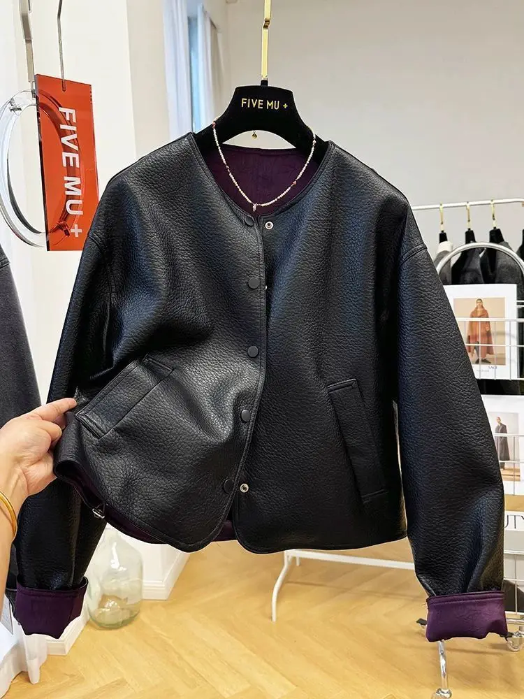 Luxury High-end Patchwork Leather Jacket Women's Spring Autumn PU Leather Coat Vintage O-neck Button Outerwear Long-sleeved Top