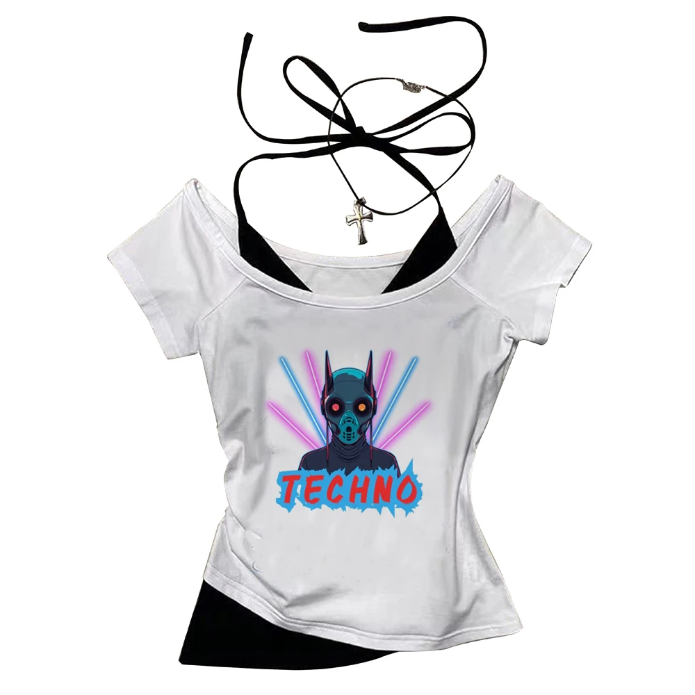 Techno crop top women cutecore baddie funny manga t-shirt gothic party japanese cutecore scene