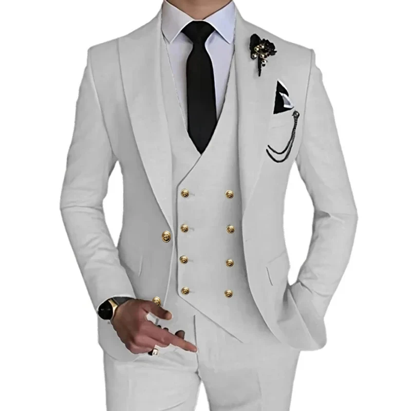 3 Pcs Set Dress Blazers Jacket Vest Pants / 2024 Fashion New Men Metal Button Stretch Fabric Casual Business Slim Fit Suit Coat