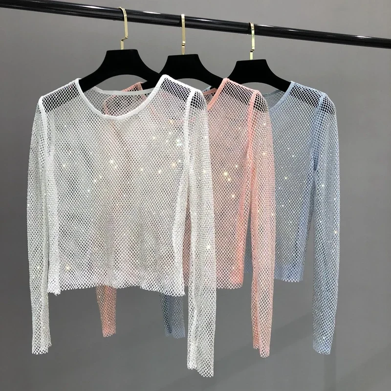 Summer Bright Diamond Sexy Mesh Perspective Bright Diamond Slim Fit Bottoming Shirt Rhinestone Shiny Hollow Net Shirt Women