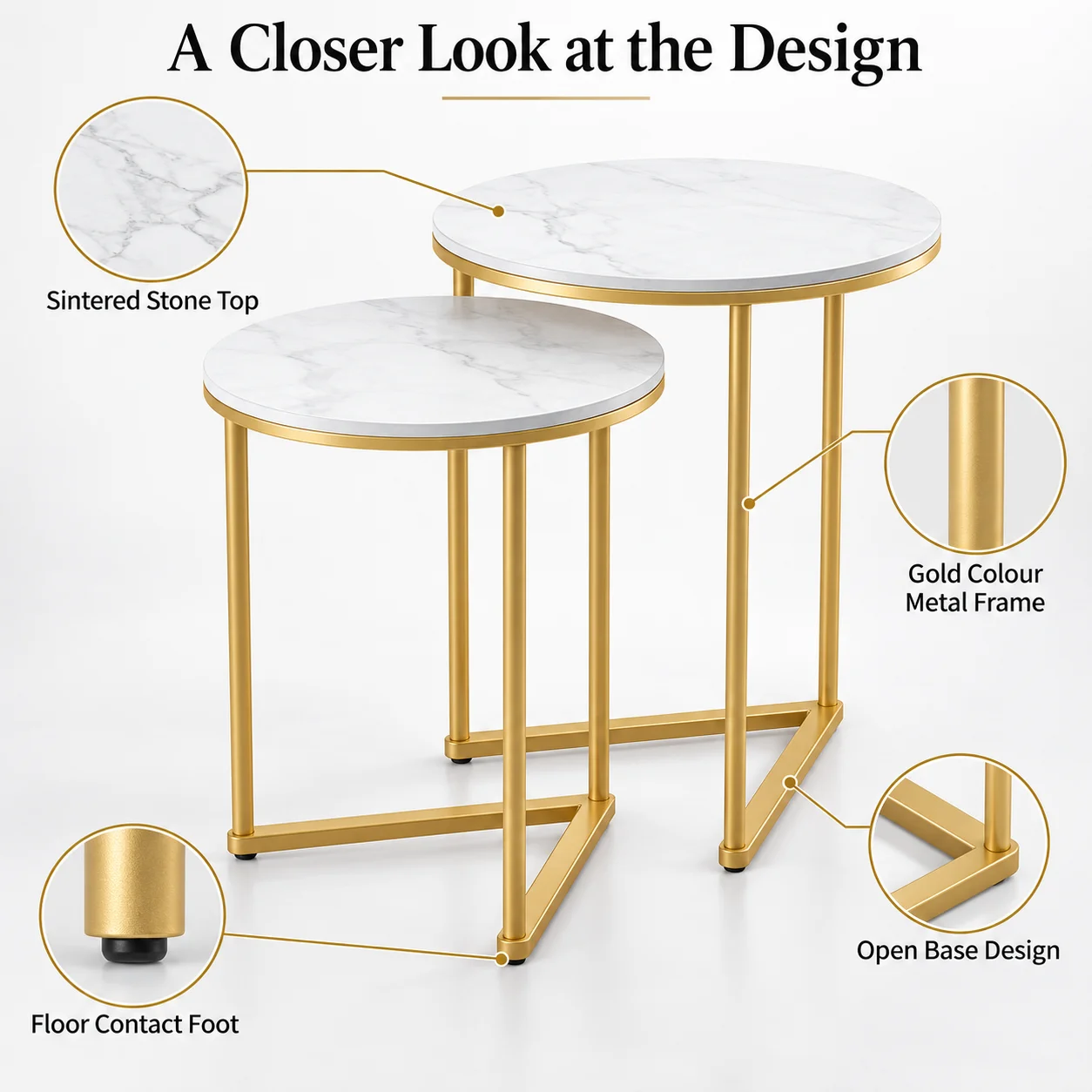 Set of 2 Round Nesting Side Tables 45cm Sintered Stone Tops Gold Metal Frame for Living Room Sofa Side