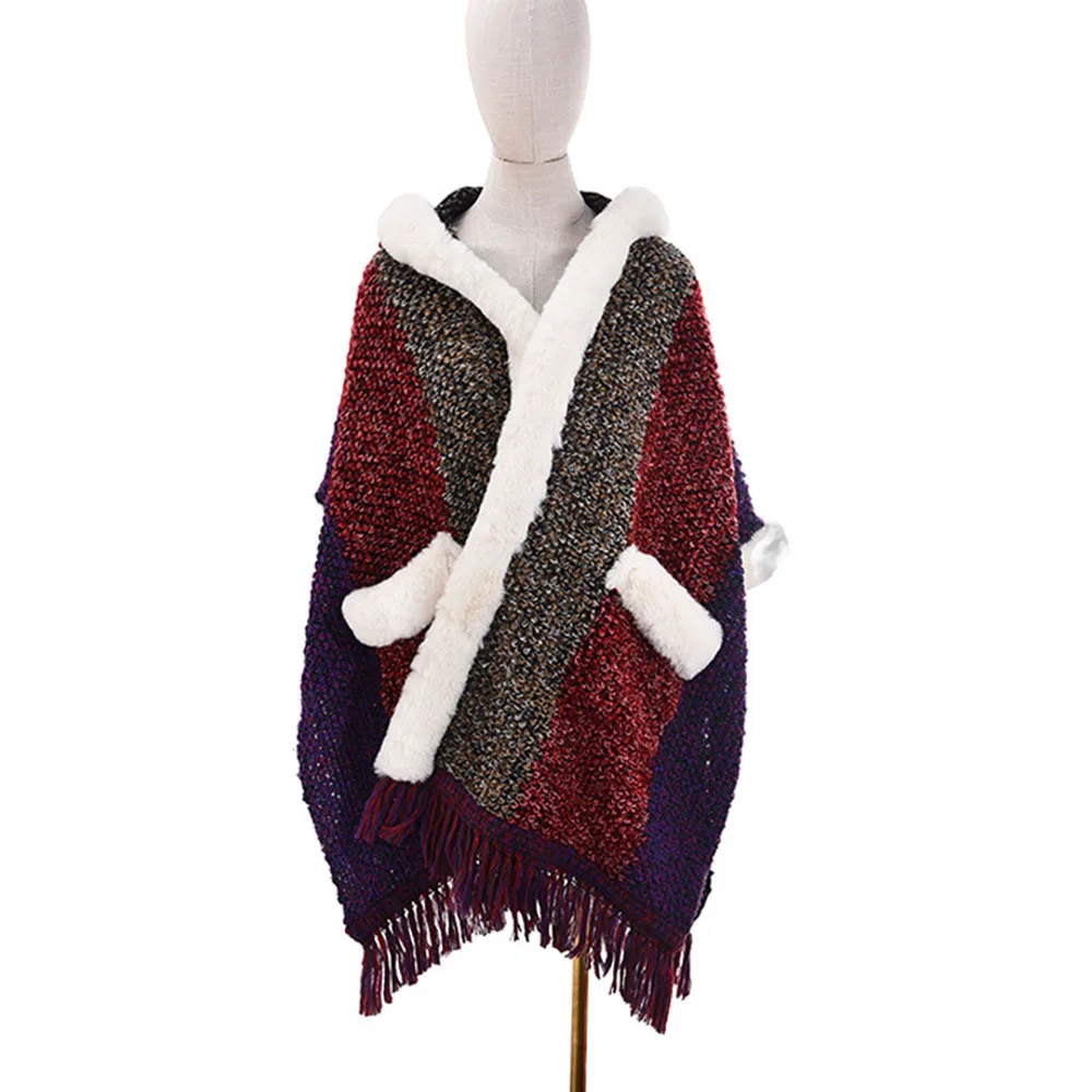 Ethnic Wind Colorful Hooded Shawl Lady Tassel Faux Wool Coat Women Long Elegant Poncho Jacket Knitted Cloak Capes Female Outwear