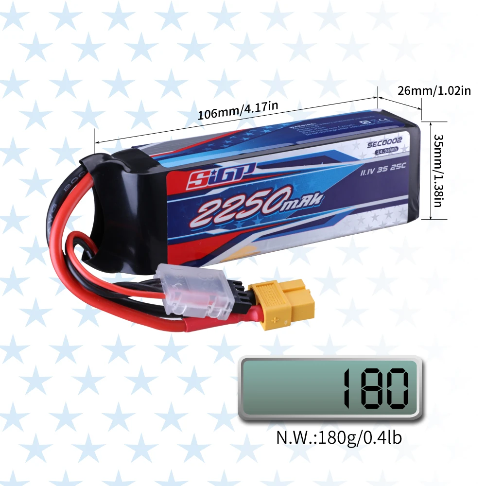 SIGP 3S Lipo Battery for 11.1V 2250mAh 25C 40C 60C with XT60 Connector RC Airplane Quadcopter Drone FPV Helicopter Model 2Pack