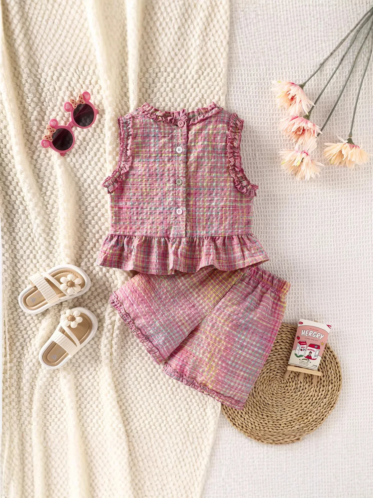 3-6Y Summer Casual Children Clothing Set Pink Girls Plaid Ruffle Trim Sleeveless Top+Shorts Set Breathable 2Pcs Outfit