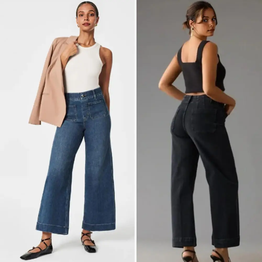 Calças jeans com zíper elegantes femininas, calças de cintura alta para senhora, perna reta, cintura elástica, perna larga para o trajeto