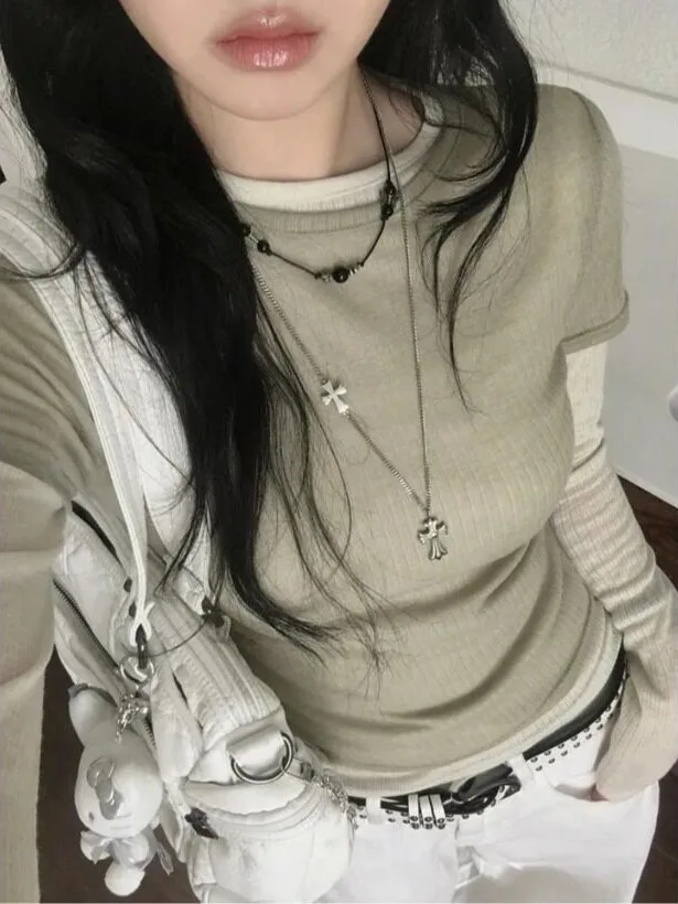 Spring Layering round Neck Long Sleeve Two-Piece Set Pit Stripe Women's Knitwear Casual Versatile for School Work Travel Date