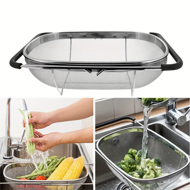 

Stainless Steel Retractable Drain Basket Rubber Grip Handles Oval Colander Sink Vegetables Draining Rack Home Storage Basket