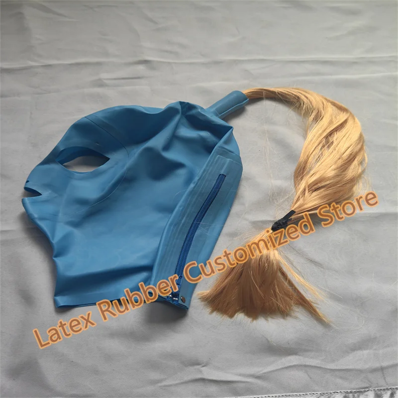 

Womens Lingerie Latex Hood Yellow Rubber Mask with Ponytail Wig Gold Hair Back Zip for Party Night Club Cosplay Costumes
