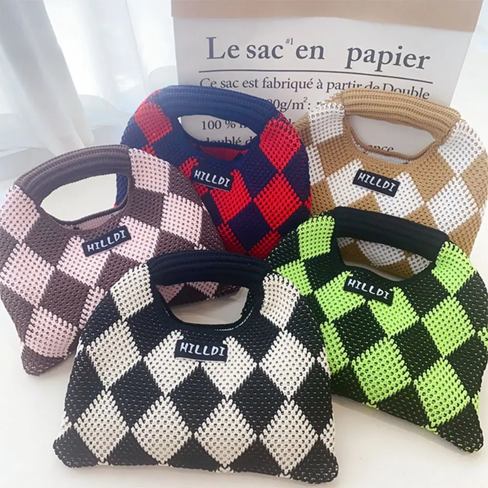 Knit Knitted Bag Portable Chessboard Diamond Pattern Wool Handbag Makeup Bag Letter Outdoor