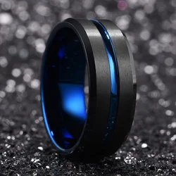 Fashion Men's Stainless Steel Rings 8mm Classical Black Blue Groove Beveled Edge Wedding Engagement Anniversary Jewelry Gift