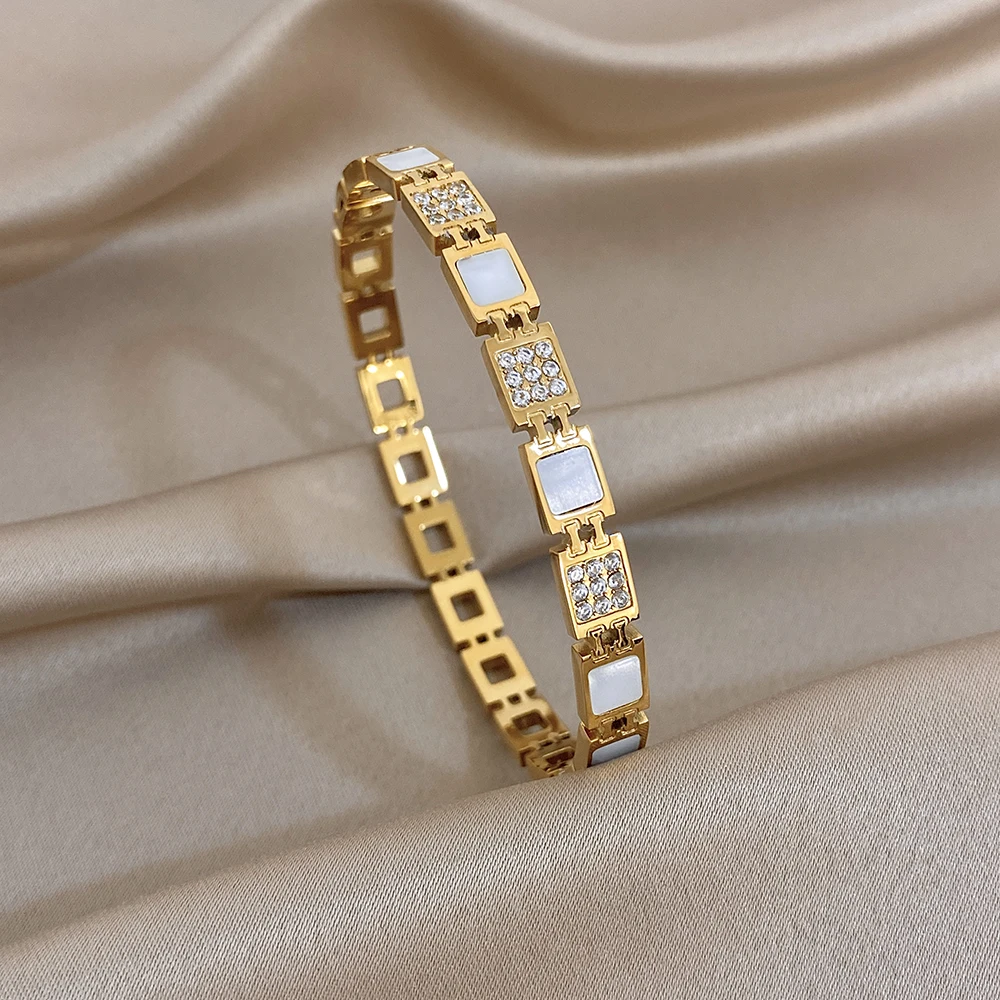 Elegant Stacking Anti‑Tarnish Gold Plated Stainless Steel Bangle Set Hollow Floral Square Shell & Zircon Bracelet For Ladies