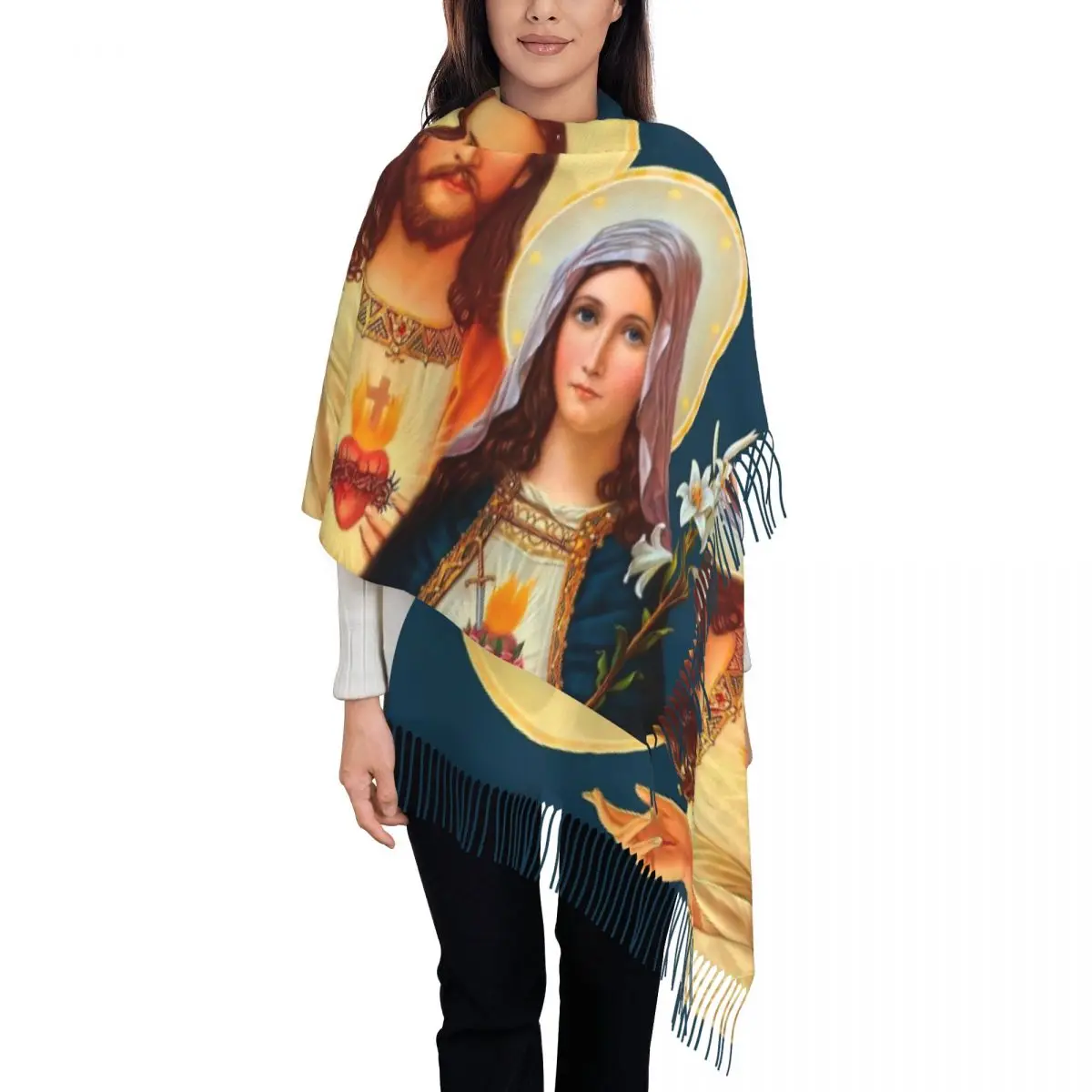 Twin Hearts - II Shawl Wraps for Ladies Winter Large Soft Scarf Jesus and Virgin Mary Pashminas Shawl Scarves