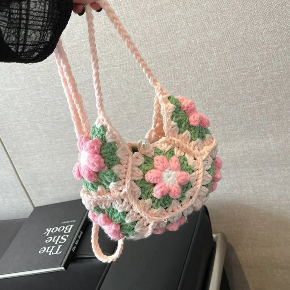 Sweet Handmade Crochet Crossbody Bag Flower Pattern Fabric Yarn Shoulder Bag Knitted Armpit Bag image 3
