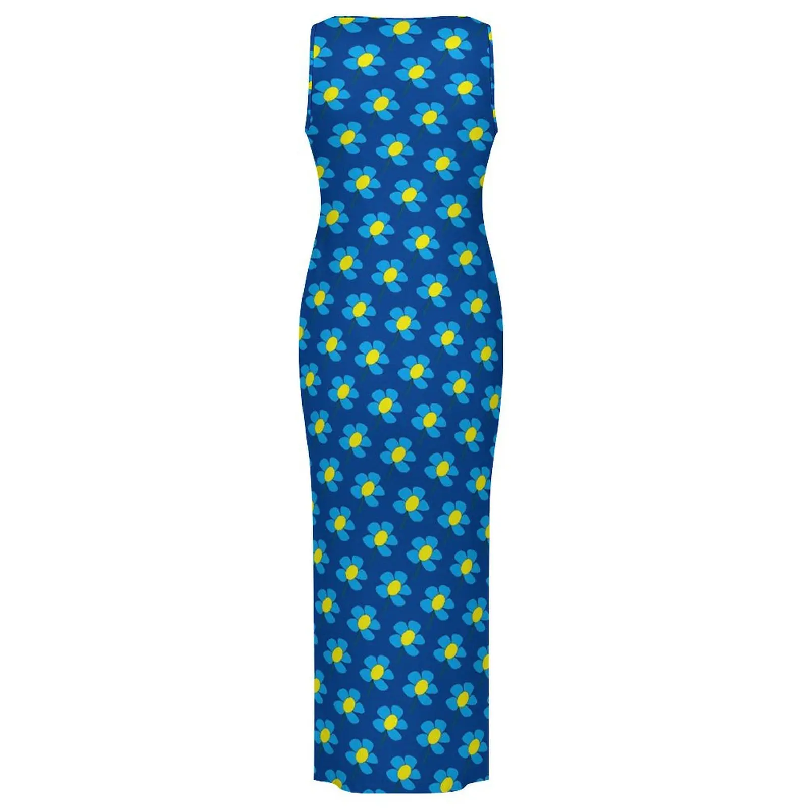Women Bodycon Dress Night Club Blue And Yellow Daisy Maxi Dresses Spring Vintage Floral Sleeveless Street Style Dress Large Size