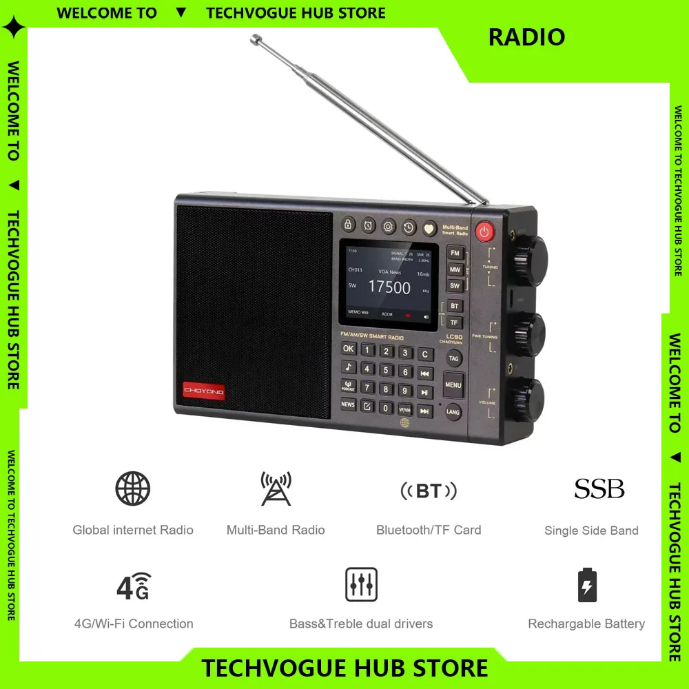 

Chaoyuan LC90 Radio Bluetooth English FM Internet All-Band FM Radio with Card IPS Screen Subwoofer Speaker Global Radio Receiver