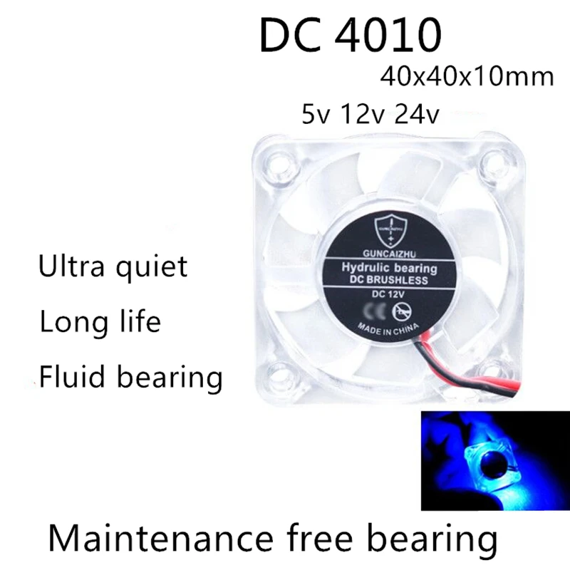 

2PCS 4010 40x40x10mm DC 5v 12v 24v 0.05A Cooling Fan Transparent LED Iight Emitting Hydraulic Bearing 2PIN