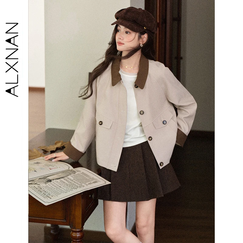 ALXNAN veste courte automne nouveau col rabattu Patchwork poignets femme manteaux poche coupe ample décontracté déplacements vêtements d'extérieur L57923