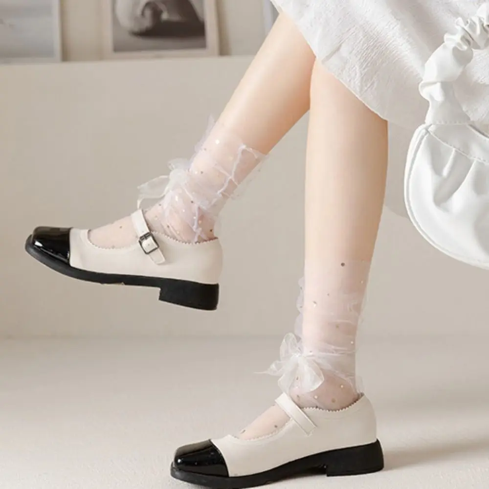 5Pairs Star Moon Transparent Bow Socks Sweet Breathable Tulle Shiny Socks Female Hosiery Mid-calf Mesh Tube Socks Women Girl