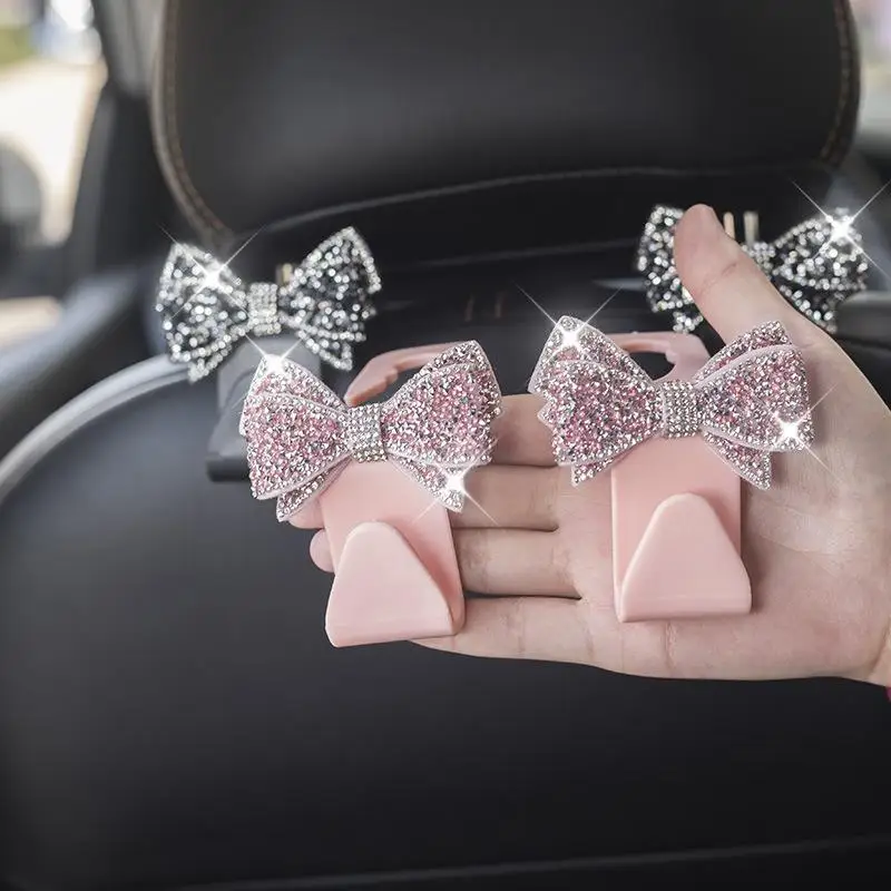 New Car Headrest Hooks With Sparkly Rhinestone Bow Decor And Sturdy Load Bearing Perfect For Hanging Bags Groceries Inside Cars