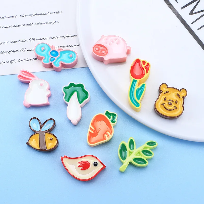 20pcs Kawaii Animals Resin Cabochons Flatback Little Bird Yellow Bee Rabbit Butterfly Carrot Rose Flower Leaf Resin Accessories