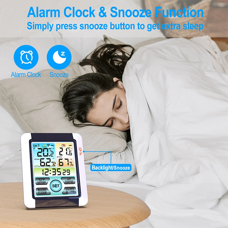 Wireless Indoor Outdoor Digital Weather Station Alarm Clock Touch Color Large Screen Thermohygrometer with Backlight Transmitter