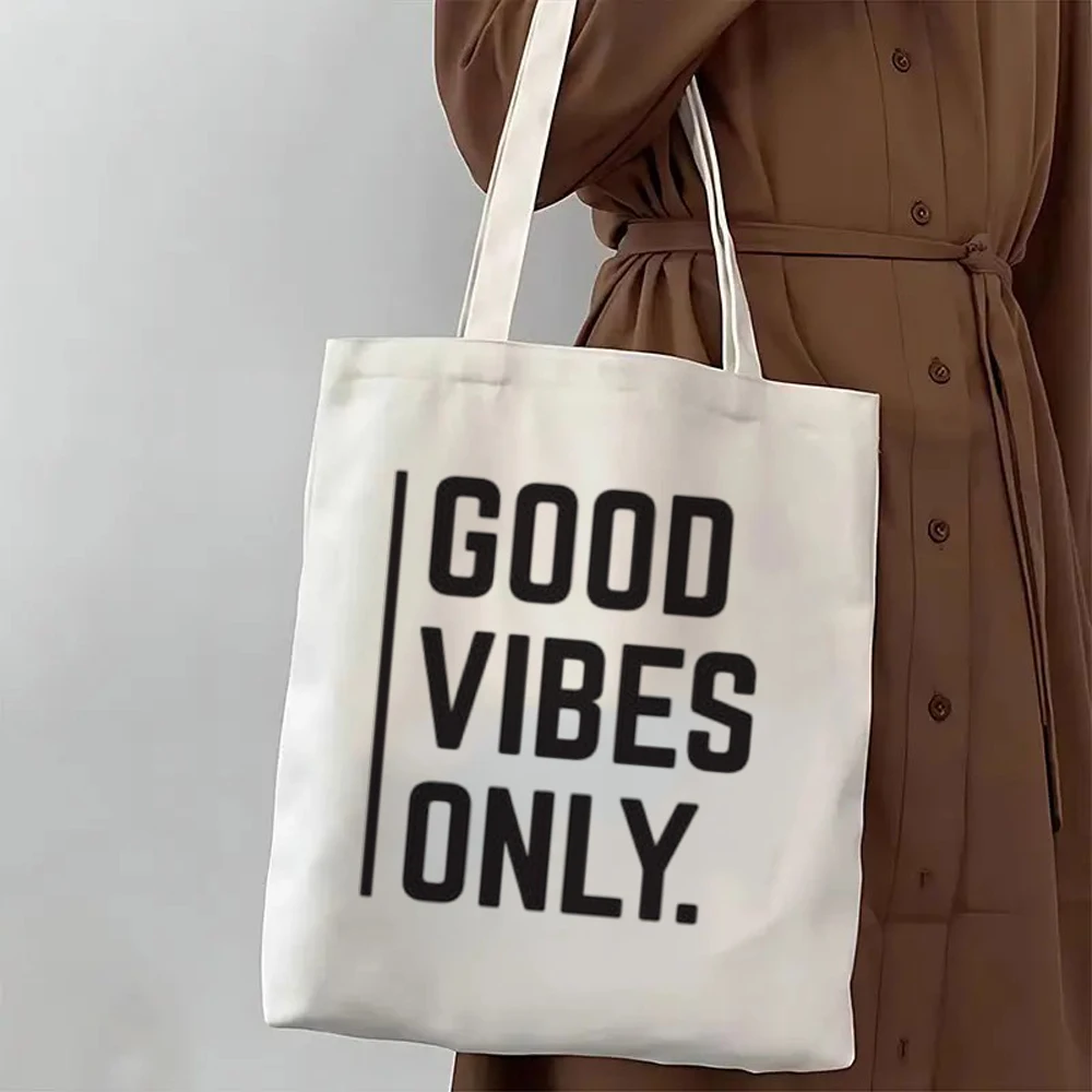 Cute Good Vibes Only Canvas Tote Bag Positive Slogan Graphic Print Inspirational Reusable Shoulder Handbag Purse Pack For Lady