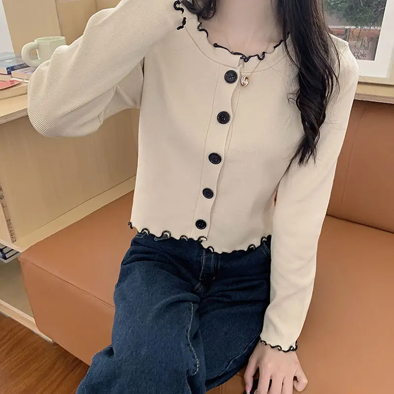 Простой однобортный вязаный кардиган с круглым вырезом, новый шикарный милый топ для девочек