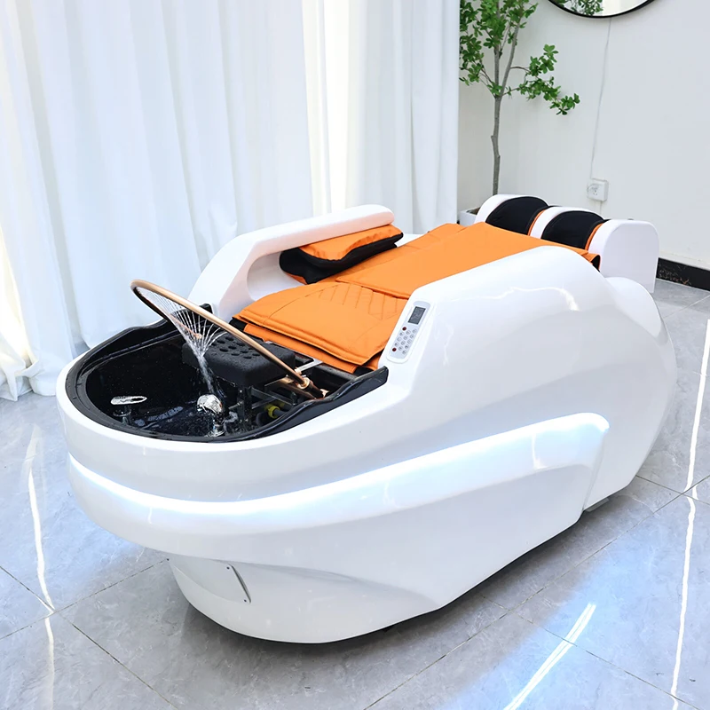 High Quality Barbershop Furniture White Fiberglass Frame Massage Shampoo Chair Luxury Electric Head Spa Washing Bed with Lights