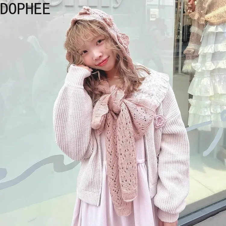 

Japanese Original Autumn Winter Sweet Hollow Out Knitted Hooded Scarf Elegant Three-dimensional Baraklafa Hats Women Scarves