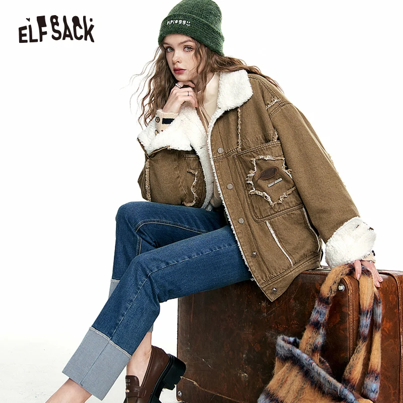 Imagem -04 - Elfsack-cabolsas de Algodão Denim Marrom Feminino Jaquetas Quentes Vintage Outono Inverno 2023