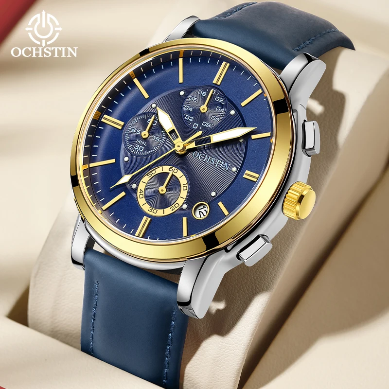 

OCHSTIN новые часы с ремешком из натуральной кожи, мужские кварцевые часы, мужские водонепроницаемые часы со светящимися стрелками, мужские модные роскошные часы