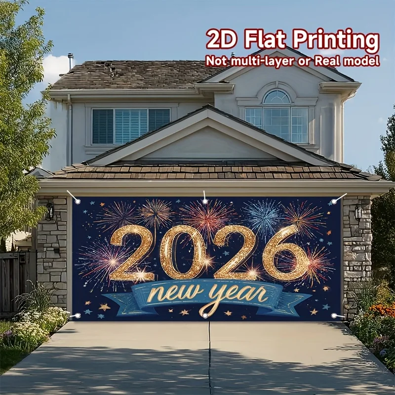 علم باب ثنائي الأبعاد خطة ثنائية الأبعاد، 1 2026 علم حفلة رأس السنة الجديدة - الألعاب النارية للمهرجانات وتصميم الحروف الذهبية