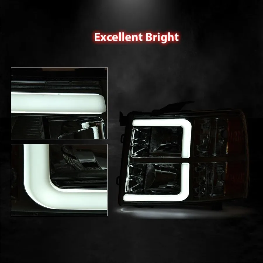 مجموعة مصابيح أمامية أنبوبية DRL LED للمصابيح الأمامية مع لمبة O متوافقة مع تشيفي سيلفرادو 1500 2007-2013 سيلفرادو 2500 HD 3500 H