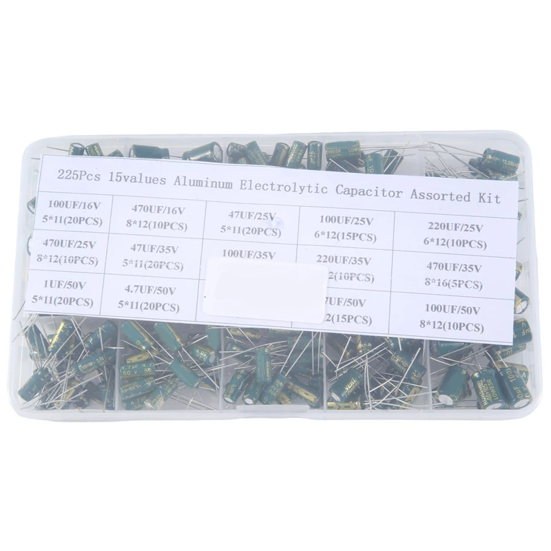 225Pcs Aluminum Electrolytic Capacitor High Frequency Inline Kit 15 Kinds Of Specifications Resistance Value