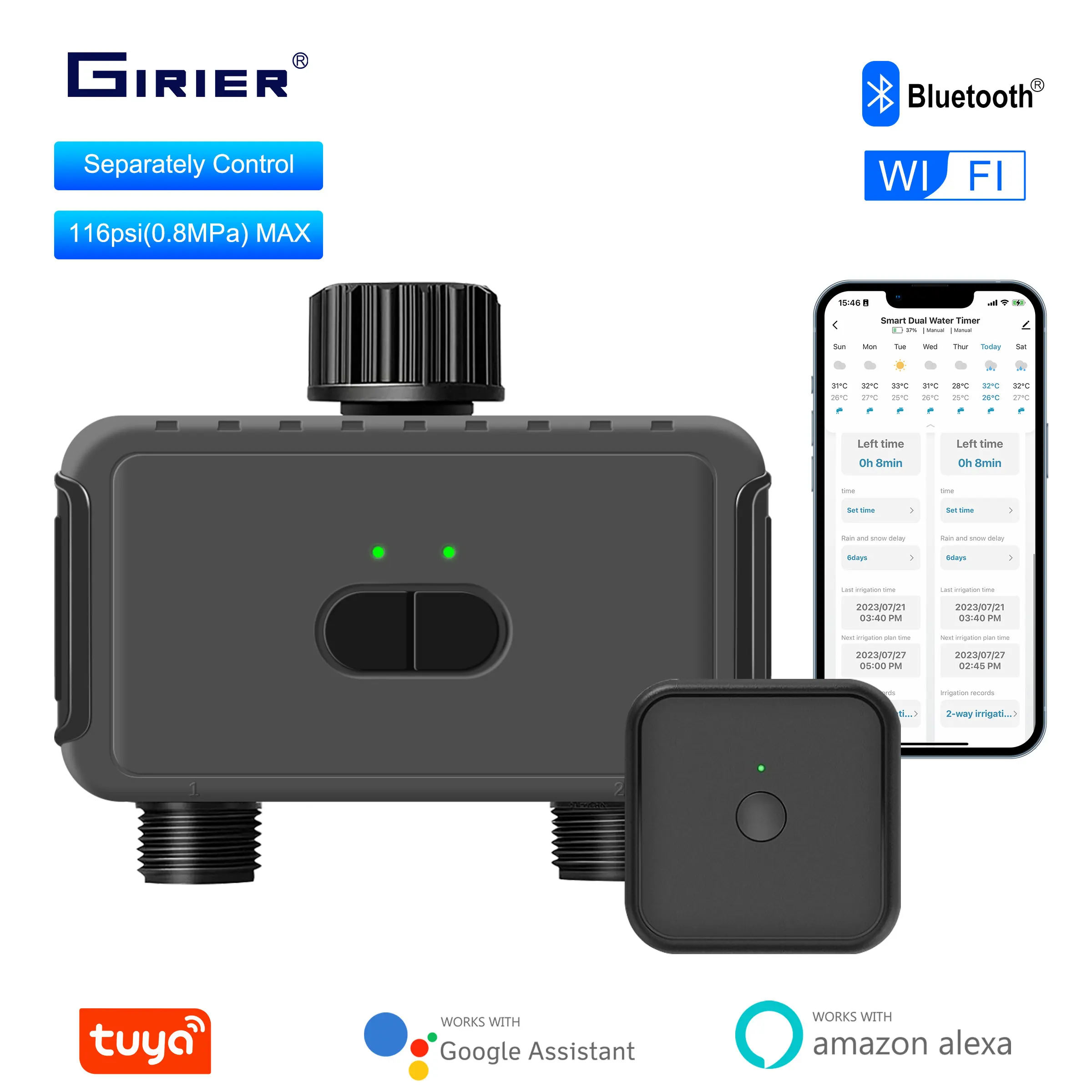 

GIRIER Smart Programmable Sprinkle Timer 2 Zone Wifi Smart Garden Water Timer for Hose Faucet Irrigation with Rain Delay Feature