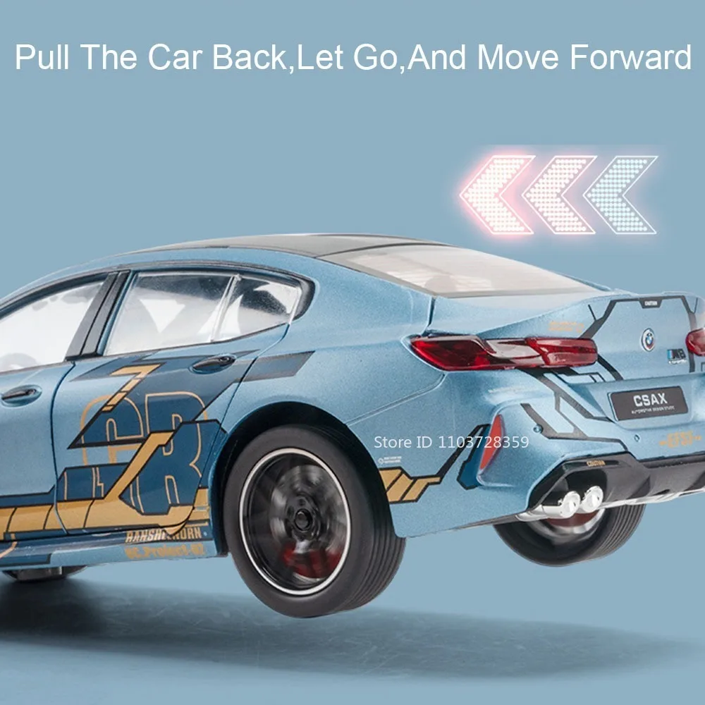 Escala 1:24 m8 760li modelo de carro em miniatura brinquedos liga diecast som luz roda dianteira direção puxar para trás para meninos brinquedos educativos