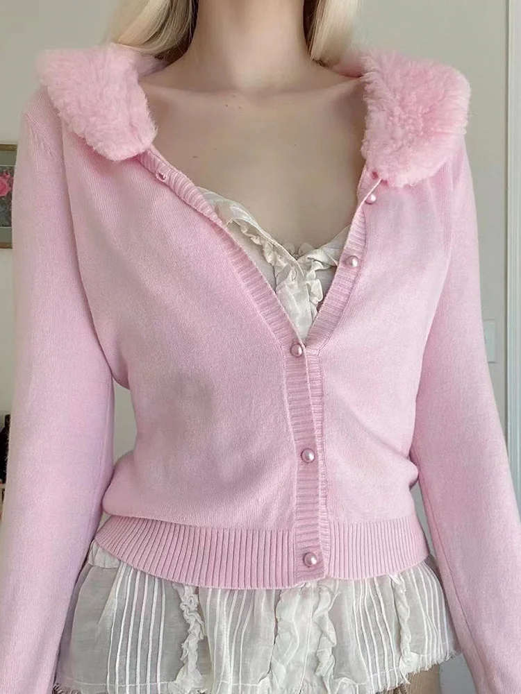 Iamhotty Coquette Aesthetic Pink Sweater Jacket with Fur Collar Cute Sweet Button Up Casual Basic Knitted Cardigan Soft Coat Y2k