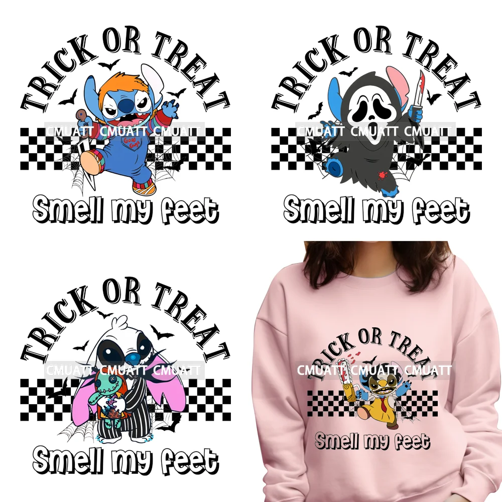 

Черный клетчатый трюк или жизнь, запах моих ног, ужас, Хэллоуин, утюг на DTF, моющиеся наклейки, готовые к нажати для одежды