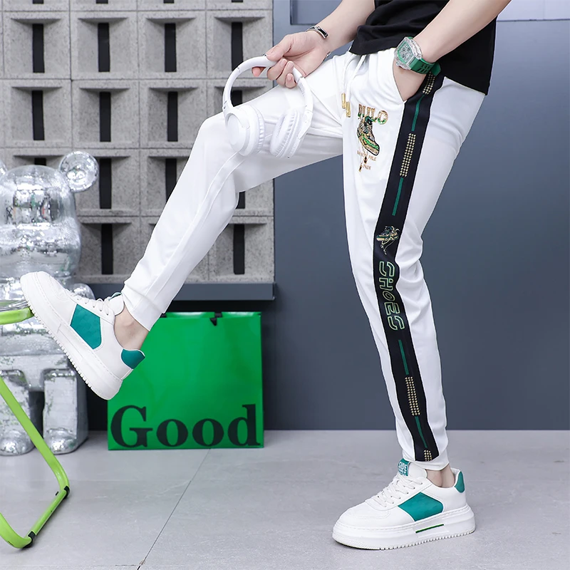 Luxury Summer Print Men\'s Ice Silk Trousers Mid-Waist Loose Breathable Straight-Leg Casual Pants Thin Quick-Drying Pants