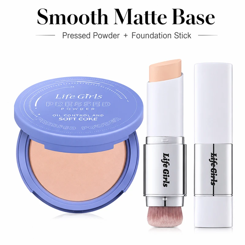 Life Girls 2Pcs Makeup Base Set, 3 Shades Pressed Powder + Foundation Stick With Built-In Brush, Oil Control Soft Matte Face Powder, Natural Coverage Concealer Stick, Pore Blurring Longwear Waterproof Compact Cosmetics