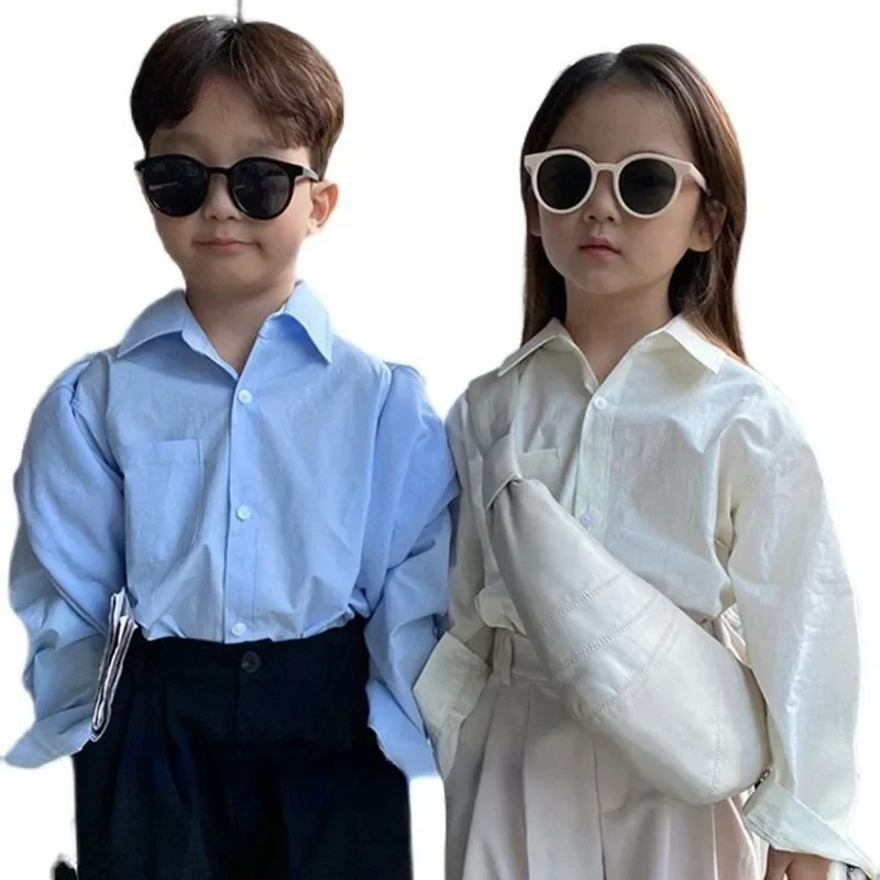 Children\'s Solid Colour Lapel Shirt Korean Spring and Autumn Boys and Girls Long-sleeved Fashionable Versatile Shirt