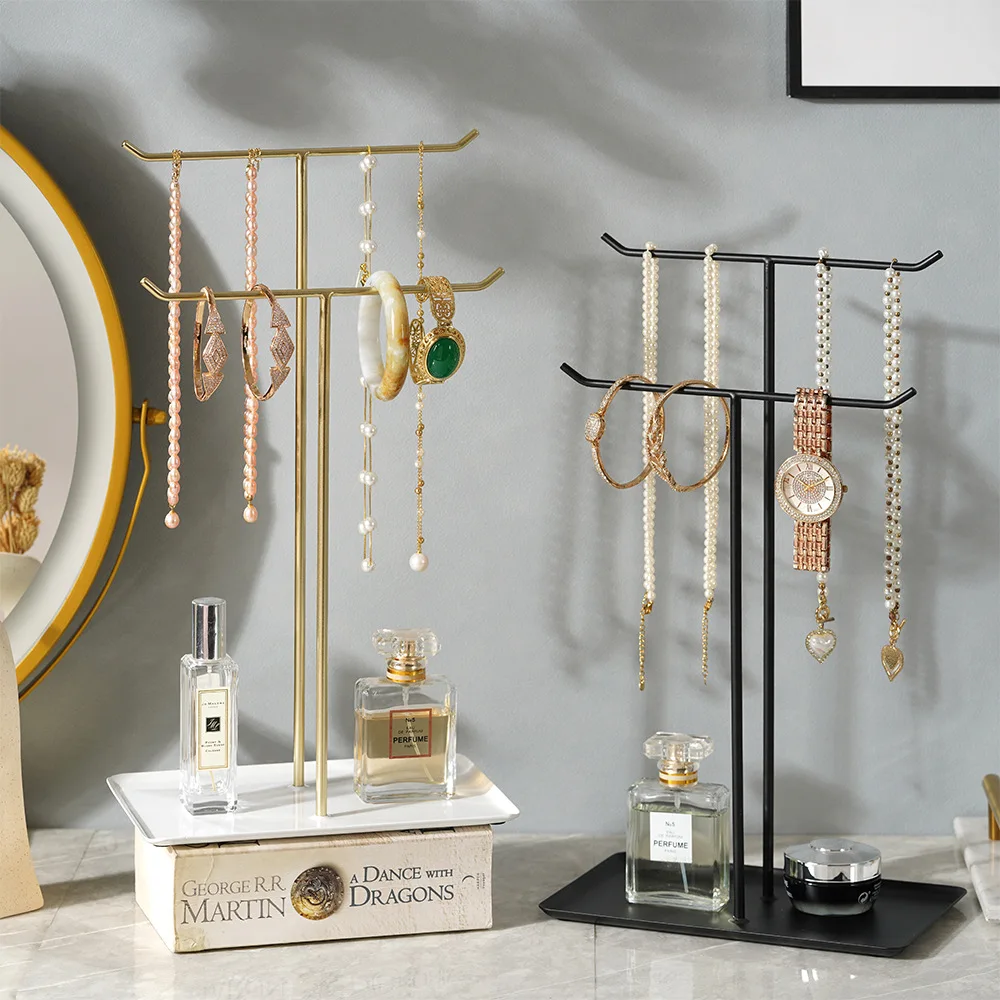 Jewelry Stand Organizer 37cm Tall Sturdy Metal 2-Tier Jewelry Holder for Necklace Earring Bracelet Ring Hanger for Display